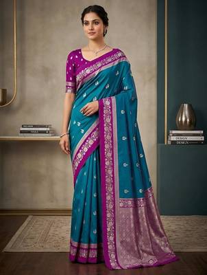 Sky blue  color silk blend zari woven weaving sarees 1