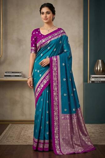 Sky blue  color silk blend zari woven weaving sarees
