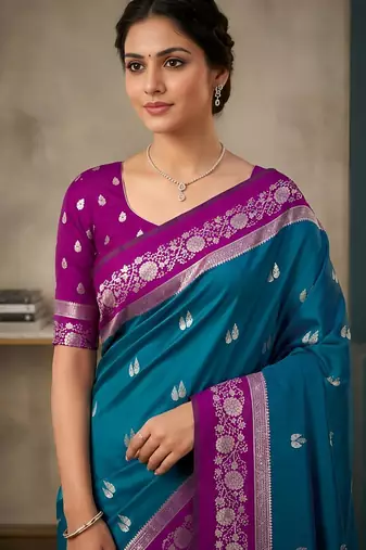 Sky blue  color silk blend zari woven weaving sarees