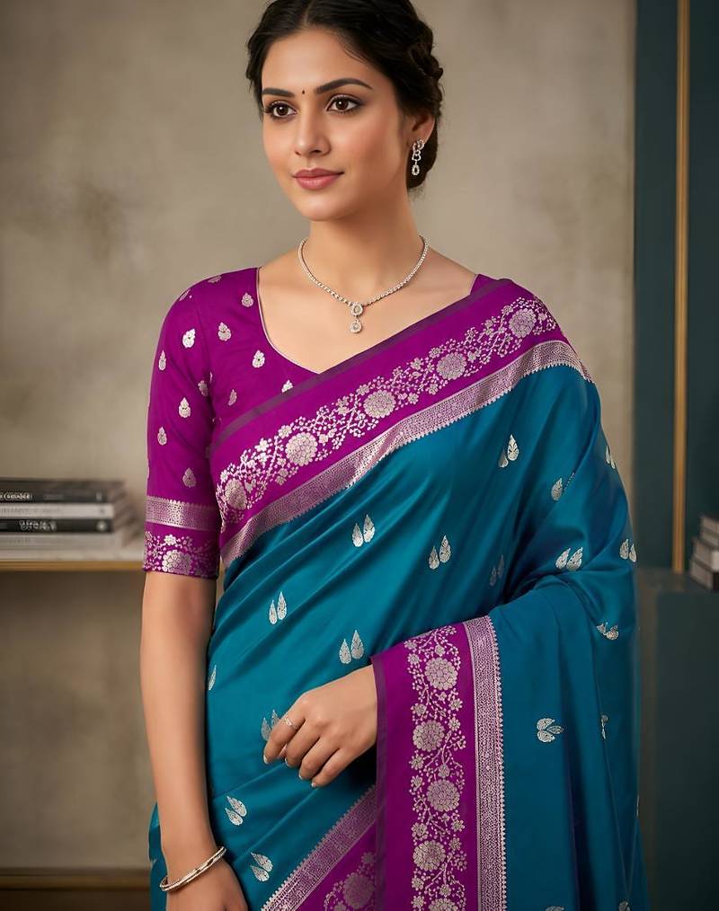 Sky blue  color silk blend zari woven weaving sarees