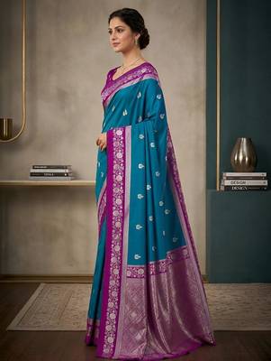 Sky blue  color silk blend zari woven weaving sarees 4