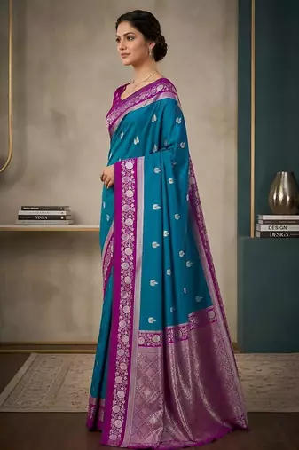 Sky blue  color silk blend zari woven weaving sarees