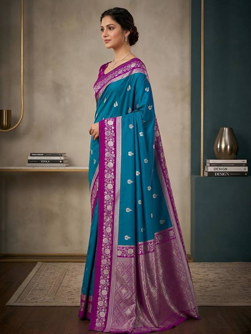 Sky blue  color silk blend zari woven weaving sarees
