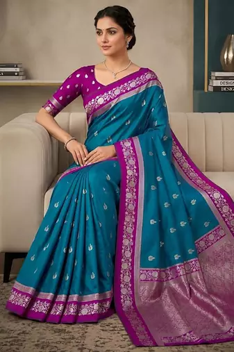 Sky blue  color silk blend zari woven weaving sarees