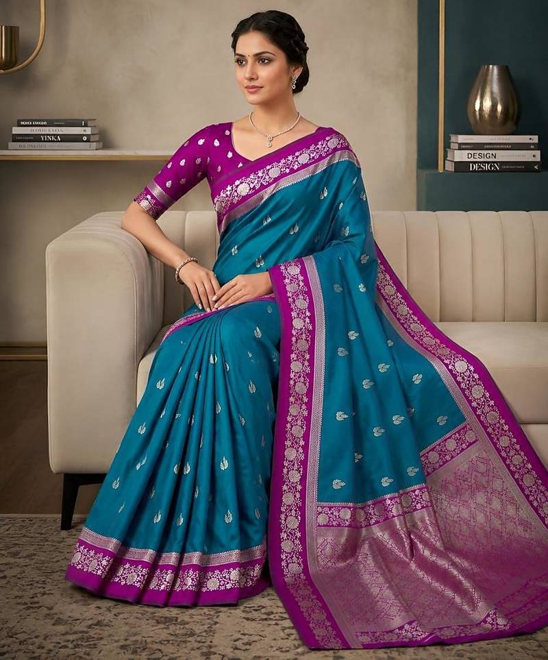 Sky blue  color silk blend zari woven weaving sarees