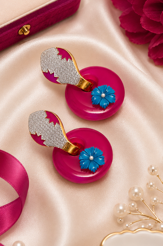 American diamond hoop lock floral statement earrings