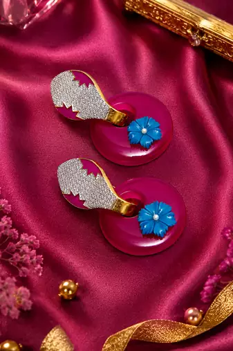 American diamond hoop lock floral statement earrings