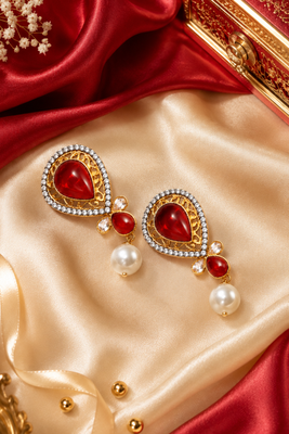 Gold Tone Black Enamel Red Teardrop Statement Earrings 2