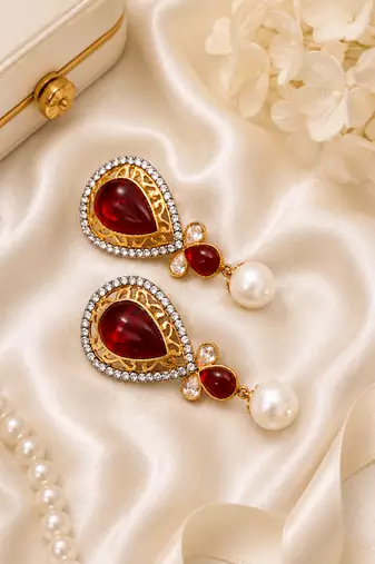 Gold Tone Black Enamel Red Teardrop Statement Earrings