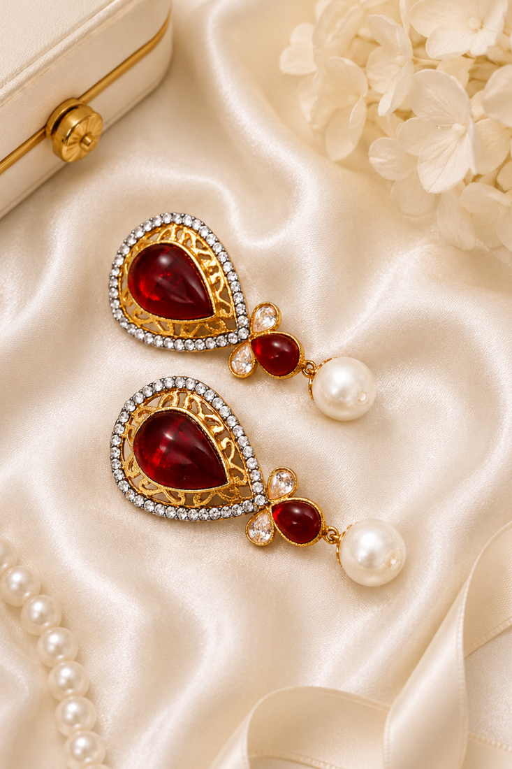 Gold Tone Black Enamel Red Teardrop Statement Earrings