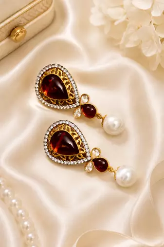 Gold tone black enamel wine statement earrings