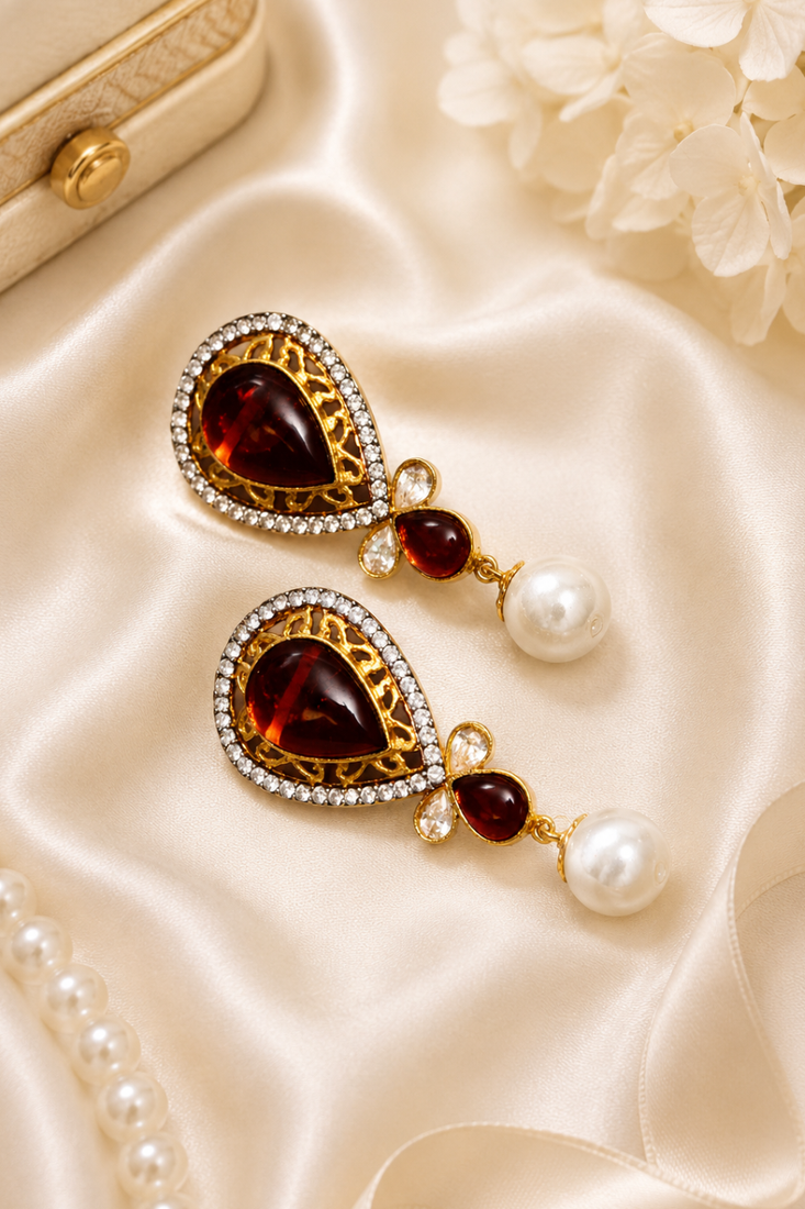 Gold tone black enamel wine statement earrings