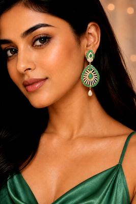 Designer AD Emerald Green Halo Drop Earrings 1