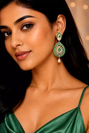 Designer AD Emerald Green Halo Drop Earrings