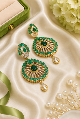 Designer AD Emerald Green Halo Drop Earrings 2
