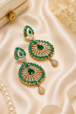 Designer AD Emerald Green Halo Drop Earrings 3