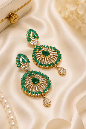 Designer AD Emerald Green Halo Drop Earrings