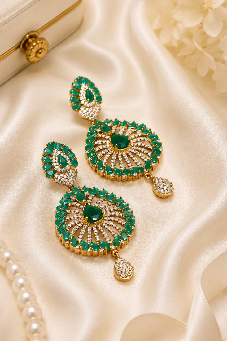 Designer AD Emerald Green Halo Drop Earrings