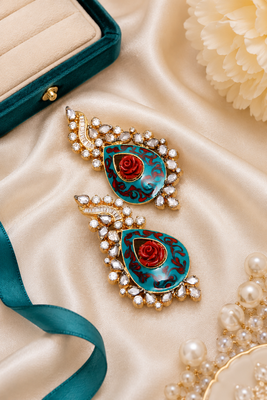 American Diamond Teal Meenakari Rose Statement Earrings 1
