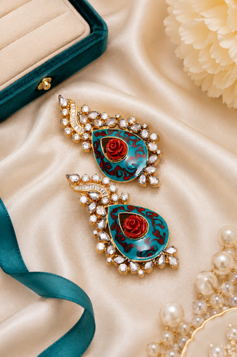 American Diamond Teal Meenakari Rose Statement Earrings