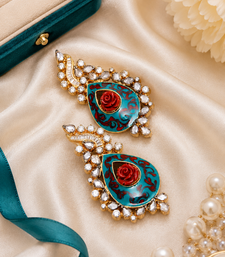 American Diamond Teal Meenakari Rose Statement Earrings