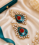 American Diamond Teal Meenakari Rose Statement Earrings