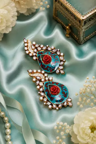 American Diamond Teal Meenakari Rose Statement Earrings