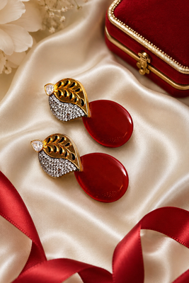 American Diamond Leaf Design Red Glass Stone Earrings 1