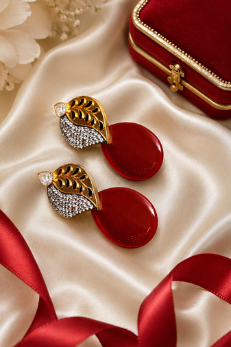 American Diamond Leaf Design Red Glass Stone Earrings