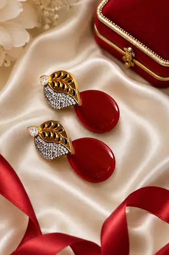 American Diamond Leaf Design Red Glass Stone Earrings
