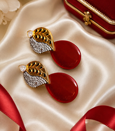 American Diamond Leaf Design Red Glass Stone Earrings