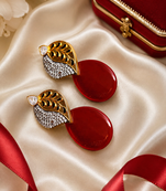 American Diamond Leaf Design Red Glass Stone Earrings