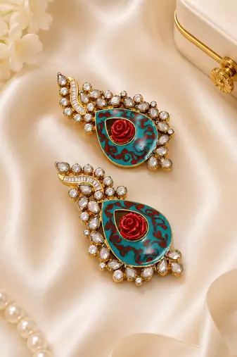 American Diamond Teal Meenakari Rose Statement Earrings