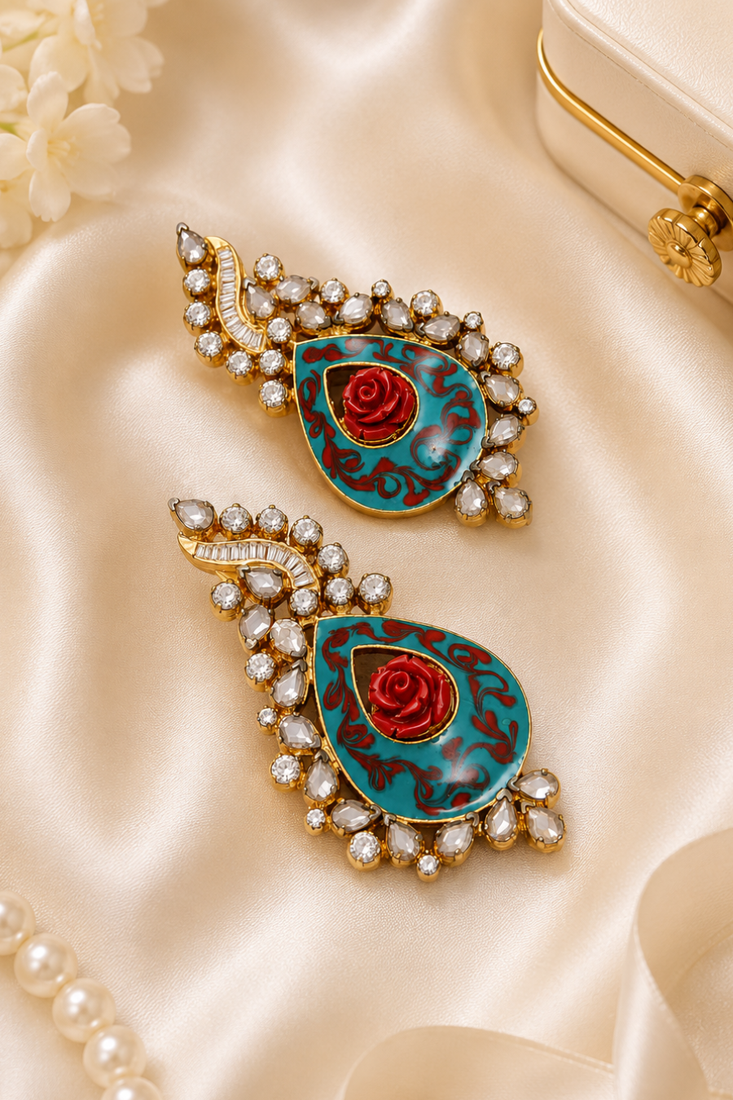 American Diamond Teal Meenakari Rose Statement Earrings