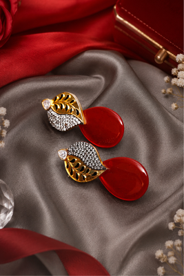 American Diamond Leaf Design Red Glass Stone Earrings 2
