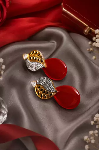 American Diamond Leaf Design Red Glass Stone Earrings