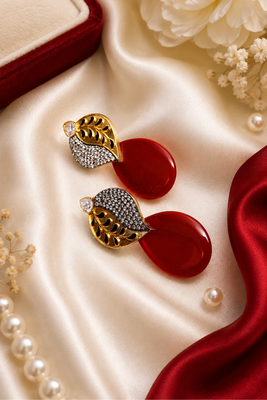 American Diamond Leaf Design Red Glass Stone Earrings 3