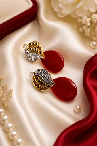 American Diamond Leaf Design Red Glass Stone Earrings