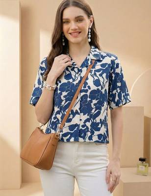 Floral Print Indigo Satin Shirt Style Top 1
