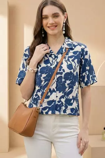 Floral Print Indigo Satin Shirt Style Top