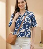 Floral Print Indigo Satin Shirt Style Top