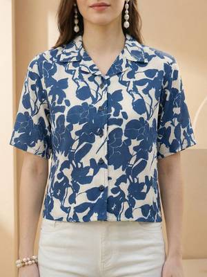 Floral Print Indigo Satin Shirt Style Top 2
