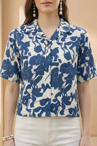 Floral Print Indigo Satin Shirt Style Top