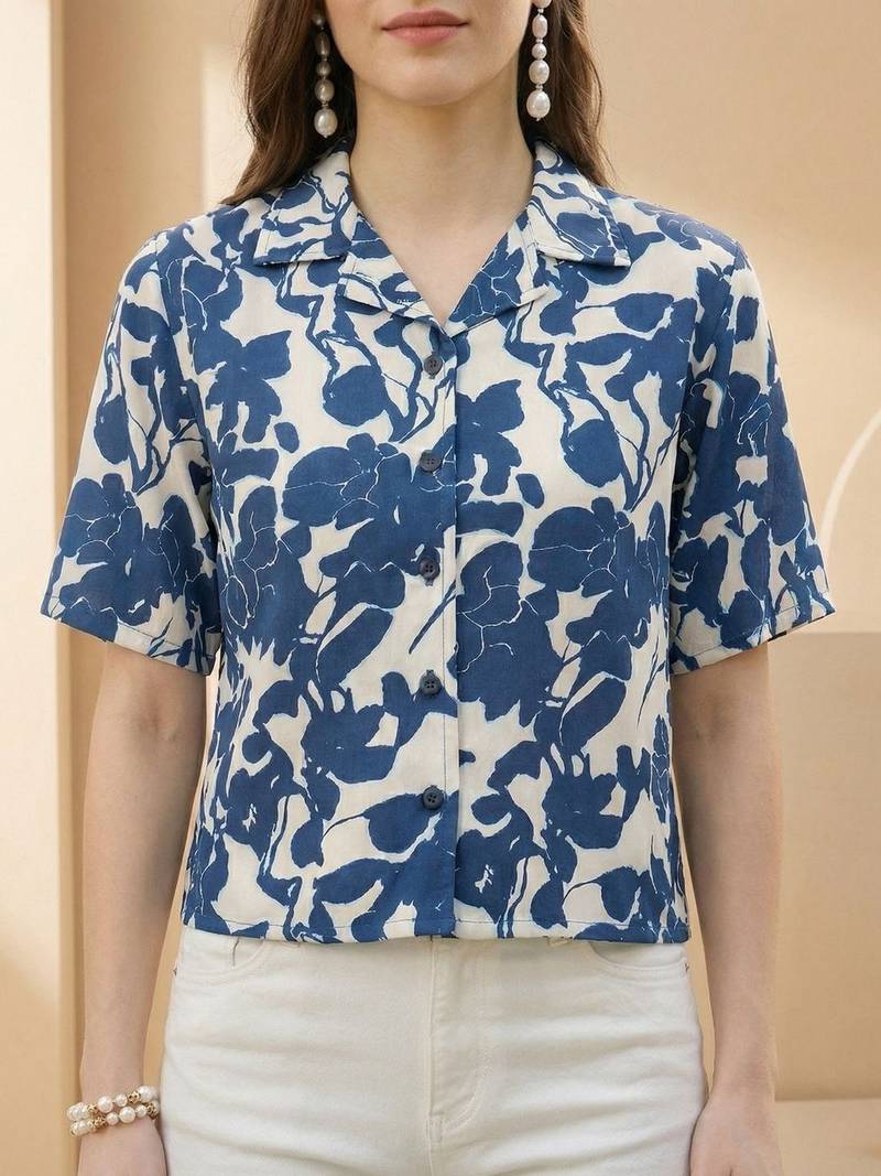 Floral Print Indigo Satin Shirt Style Top