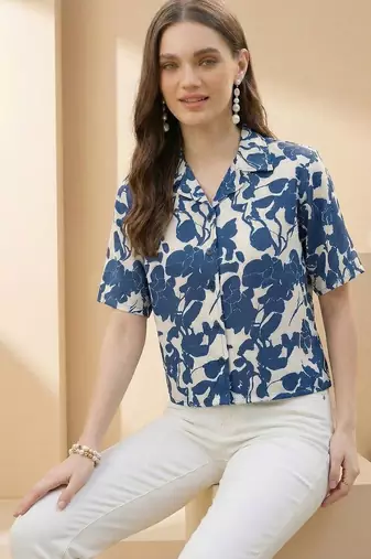 Floral Print Indigo Satin Shirt Style Top