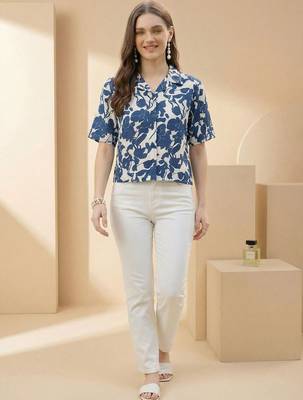 Floral Print Indigo Satin Shirt Style Top 6