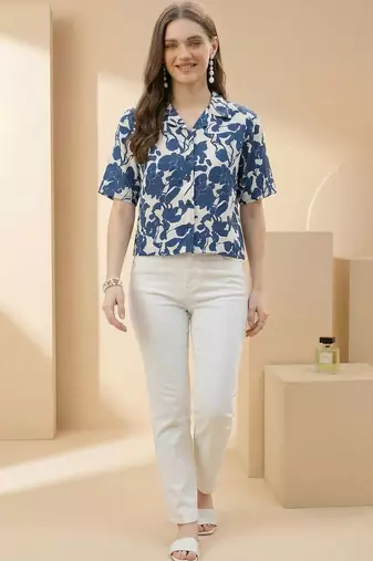 Floral Print Indigo Satin Shirt Style Top