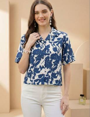 Floral Print Indigo Satin Shirt Style Top 7