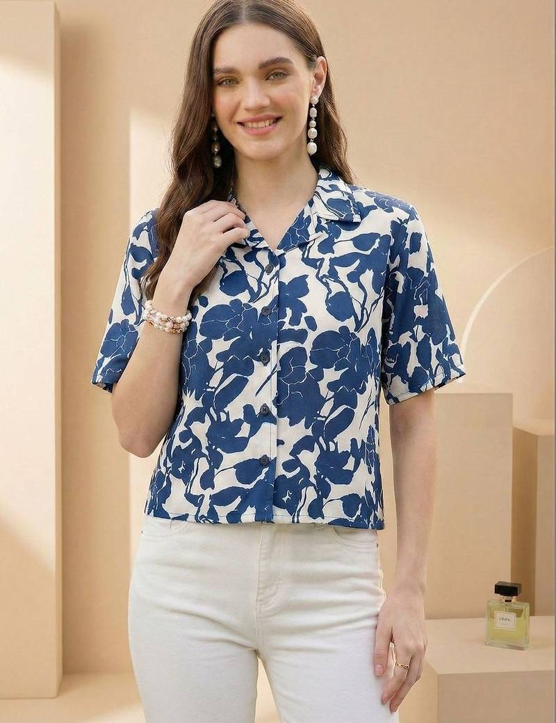 Floral Print Indigo Satin Shirt Style Top