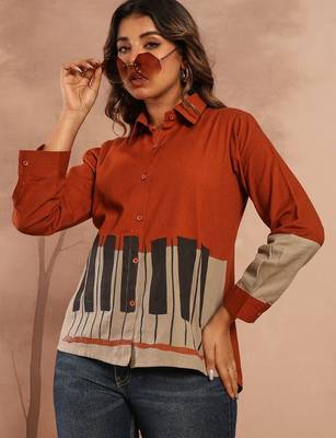 Rust Regular tops Graphic Print Shirt Collar, long 4